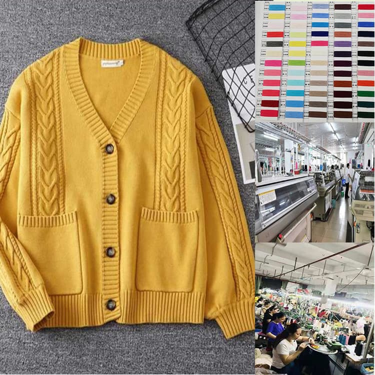 Autumn/Winter Uniform JK Sweater with Cable Knit, Deep V-Neck, and Lantern Sleeves Cardigan