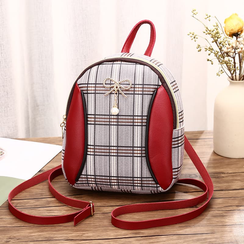 Foreign Trade Women's Bag Korean Style Printed Color-Block Plaid Small Backpack 2023 Spring Summer Preppy Style Bow Decor Coin Purse