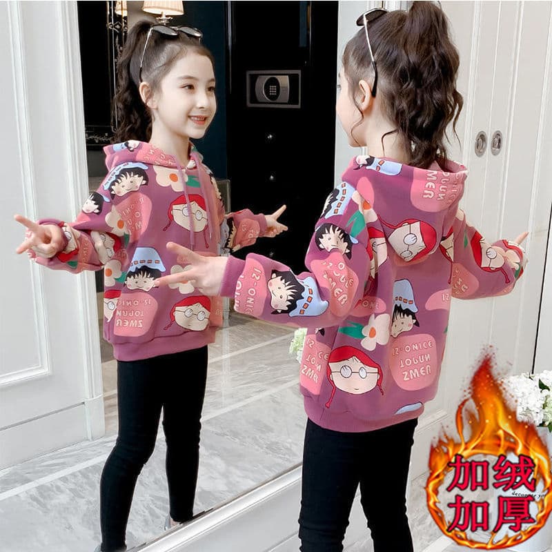 Girls' Fleece-Lined Hoodie 2024 New Autumn Winter Thick Kids' Clothing Cartoon Hooded Sweatshirt