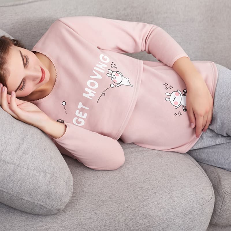 Maternity Thermal Underwear Set, Winter Fleece-Lined Pajamas, Nursing Homewear for Postpartum Women