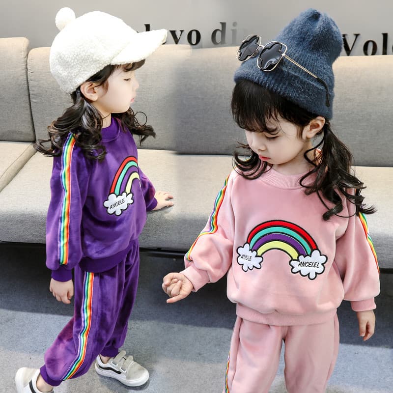 Girls' Velvet Two-Piece Set Autumn Winter New Style Toddler and Kids Double-Sided Fleece Lined Thickened Children's Sports Hoodie Two-Piece Set