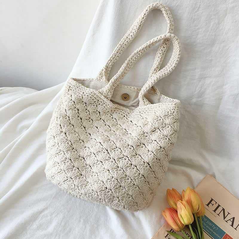 Korean Retro Artistic Woven Handbag Crochet Cotton Thread Bag Casual Versatile Shoulder Bag Forest Style Basket Bag for Women