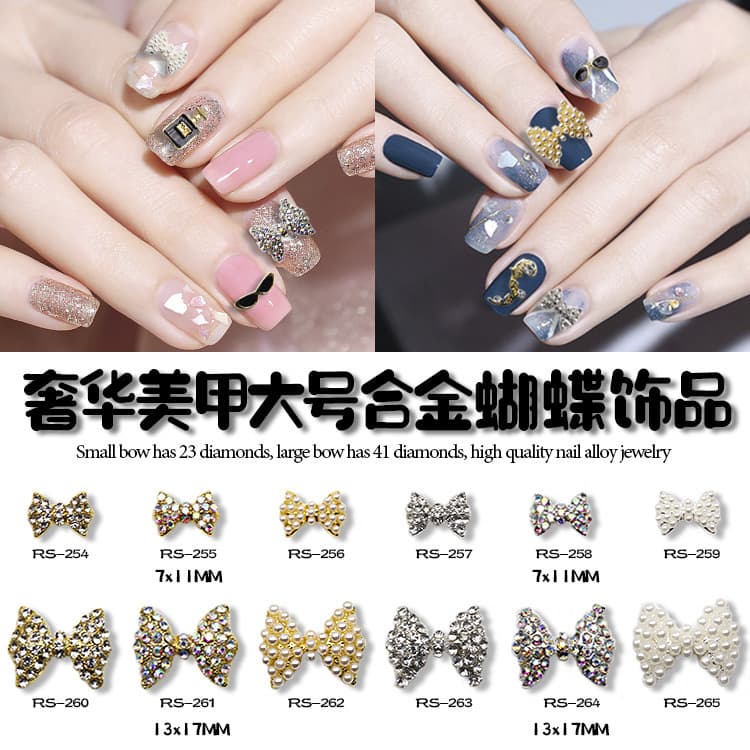 Trendy Metal Alloy Nail Art Decorations, Large Bow AB Rhinestone Pearl UV Gel Nail Charms, Bridal Nail Jewelry