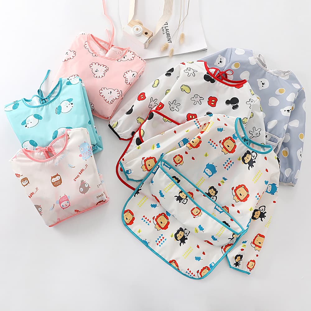 Waterproof children's bibs, long-sleeved waterproof baby smocks, and waterproof polyester taffeta feeding bibs for infants and toddlers.