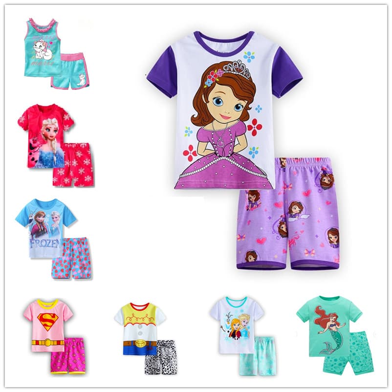 New Girls Short Sleeve Girls Style Homewear Kids Summer Set Air Conditioning Wear Cartoon Pajamas K090