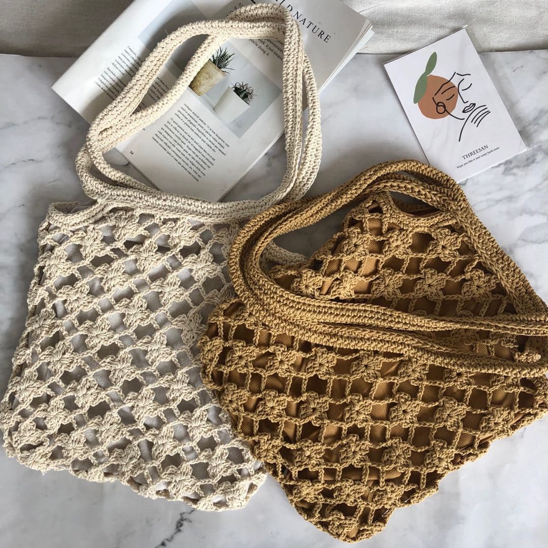 Korean chic handwoven crochet cotton bag, bohemian artistic yarn bag, vacation style hollow-out women's bag