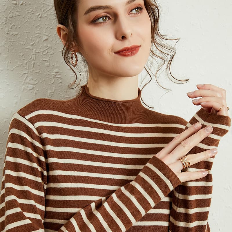 2020 Autumn Winter Women's Striped Sweater Base Layer Trendy Long Sleeve Half Turtleneck Knit Top for Outerwear Loose Fit Inner Wear SN