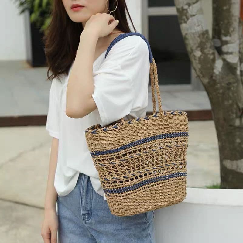 Hollow Straw Woven Bag for Women, Handmade Shoulder Handbag, Simple Fashion Ins Vacation Beach Bag