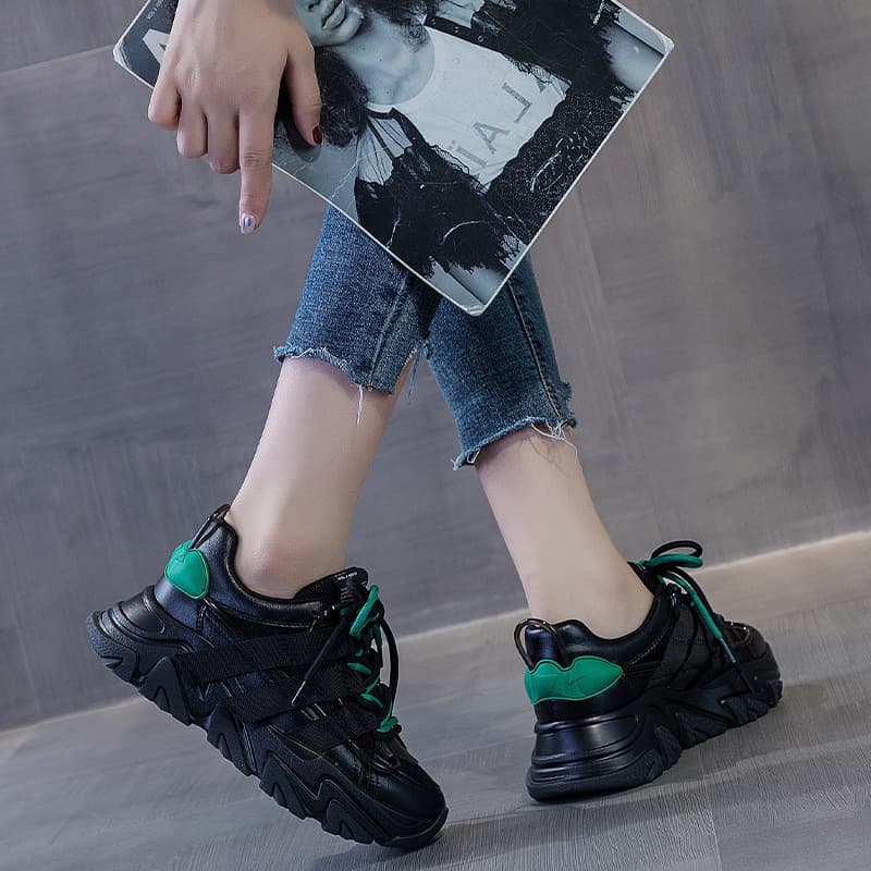 Zilin Mingpin Women's Low-Top Solid Round Toe Winter Daily Front Lace Flat Heel High-Top Green Dad Shoes for Women