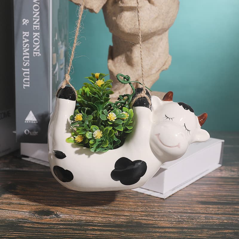Simple Outdoor Cross-Border Gardening Creative Personality Flower Pot Cow Ceramic Animal Flower Pot Hanging Potted Plant Ornament