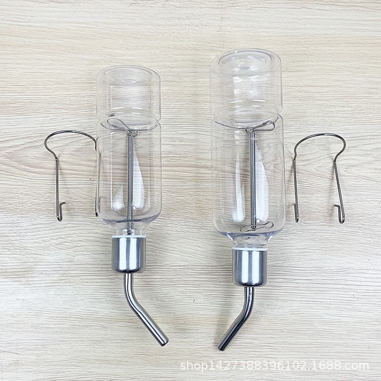 Stainless steel ball-bearing hanging water bottle for pets, including hamsters, chinchillas, dogs, and rabbits.