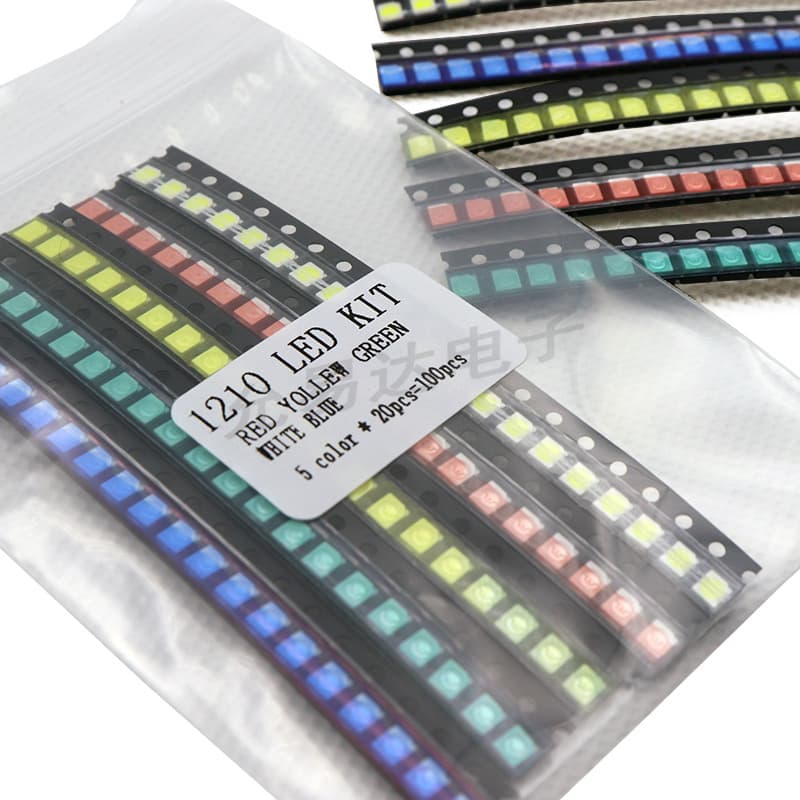 1210 SMD LED sample pack with 20 pieces each of red, yellow, blue, green, and white colors.