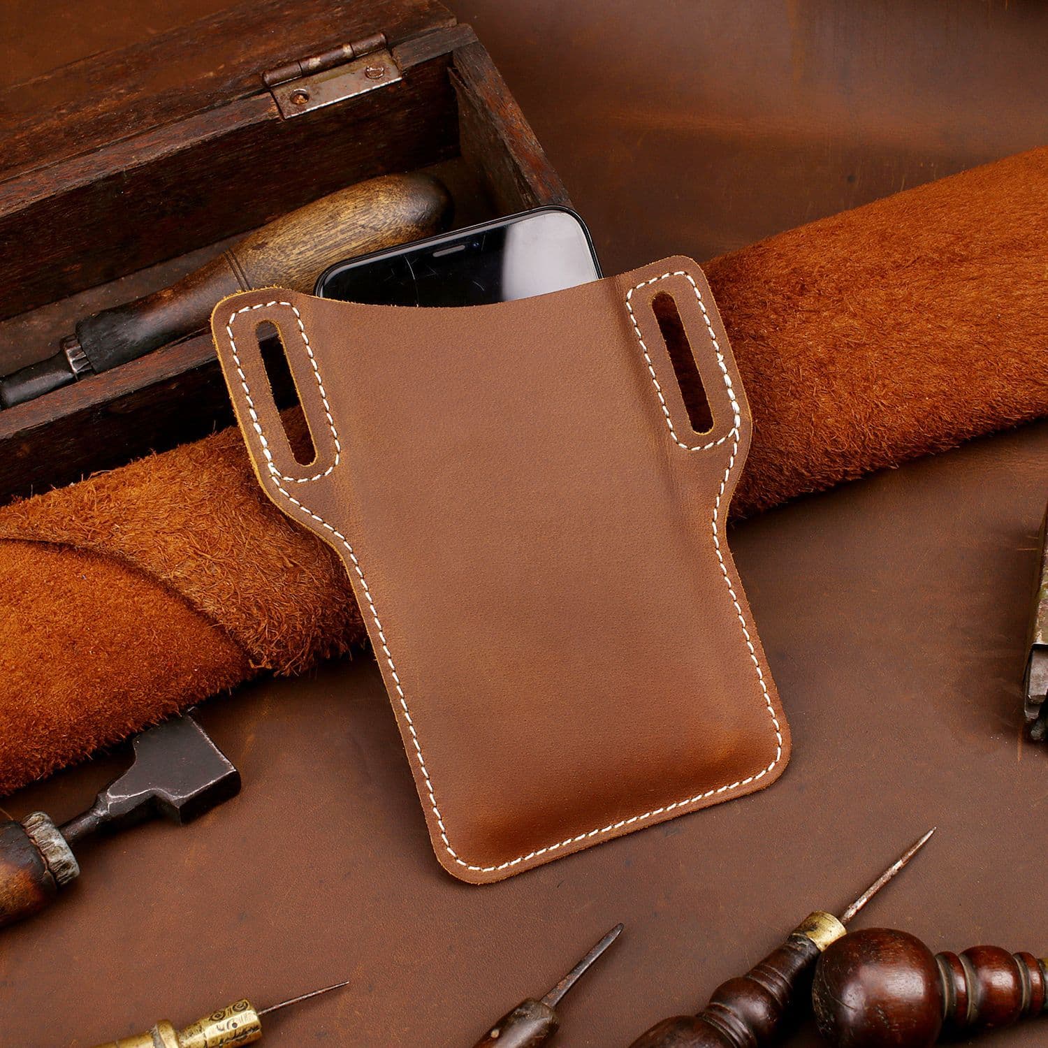 Factory Direct EDC Leather Mobile Phone Waist Bag Outdoor Hanging Waist Cowhide Tool Cover Tactical Vintage Style