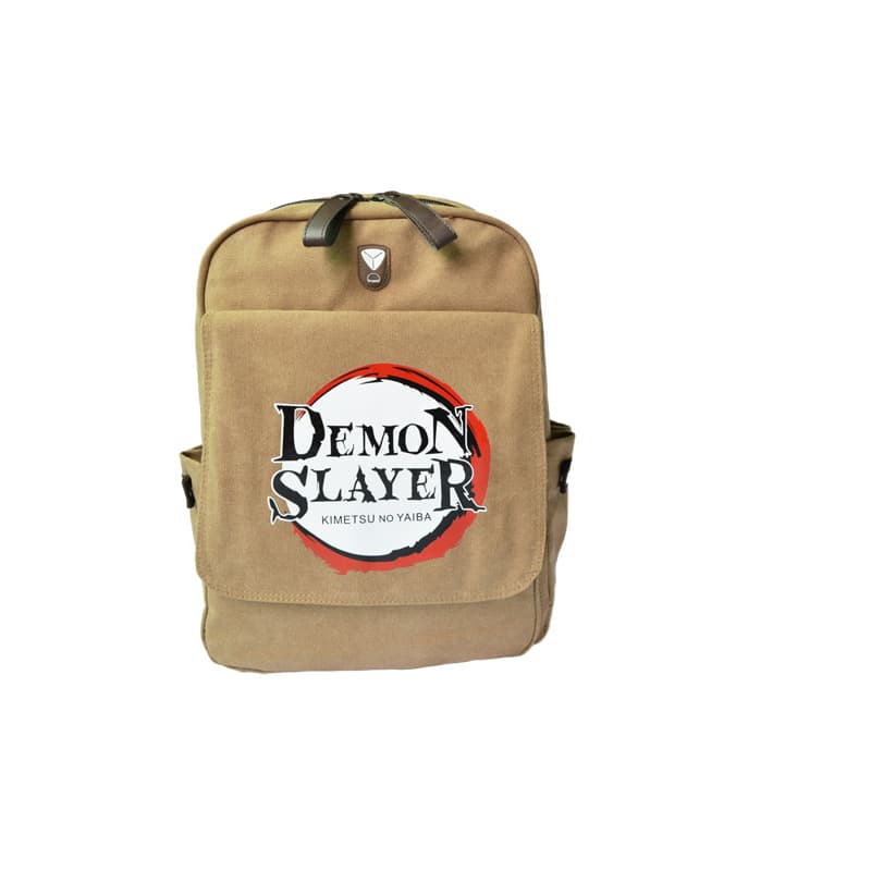 Khaki Canvas Anime Backpack Rucksack Student Bookbag Trendy Double Shoulder Bag Ghost Slayer Series Casual Polyester Lining
