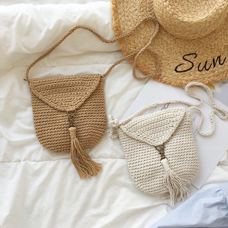 Korean Style Chic Retro Woven Bag Cotton Thread Bag Fringe Semi-circle Crossbody Bag
