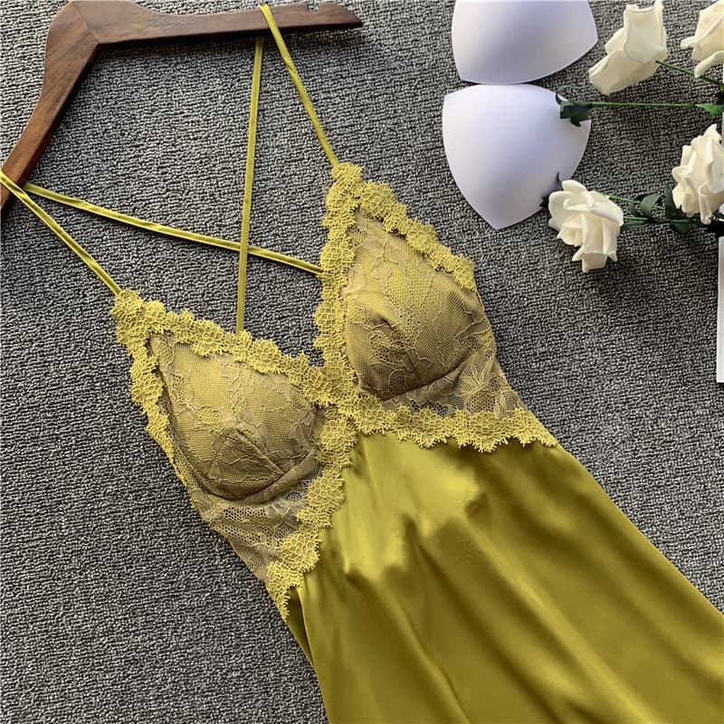 Sexy women's summer ice silk thin nightgown with built-in bra pads, lace strappy nightgown set, seductive TikTok style