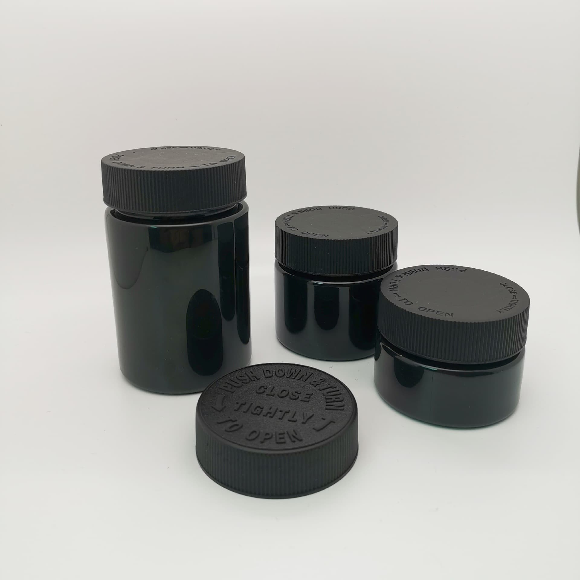 Wholesale 50, 80, 120ml hemp plastic jars with child-resistant press-and-turn safety caps, CRC plastic bottle lids