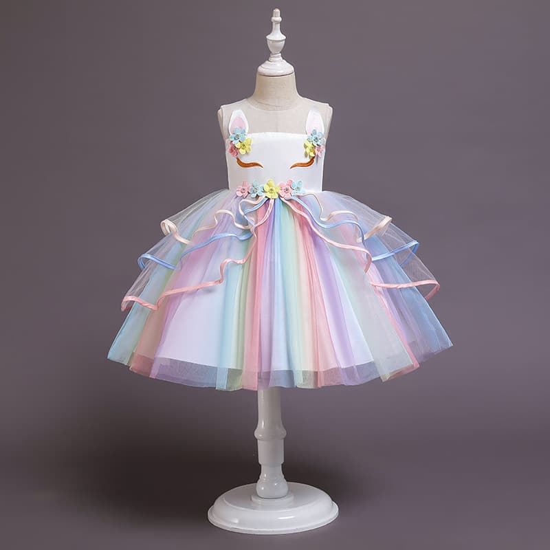 Girls Unicorn Princess Dress Short Children's Dress Puffy Multi-Layer Cake Dress Performance Dress Children's Dress