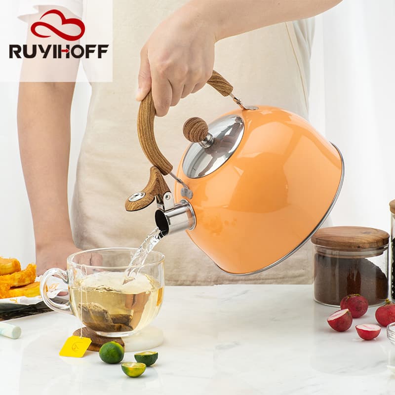 Orange spray color whistle kettle 2.5L Amazon whistle kettle folding handle kitchen utensil
