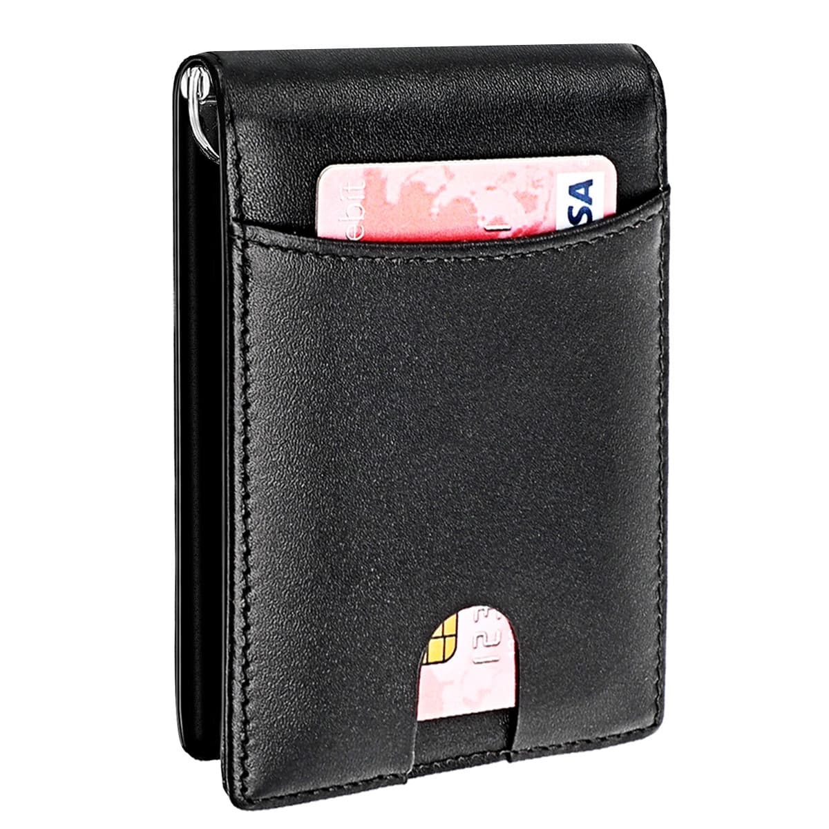 New Men's Front Pocket Money Clip Wallet with Carbon Fiber Pattern, RFID Blocking, Top Layer Cowhide Short Wallet