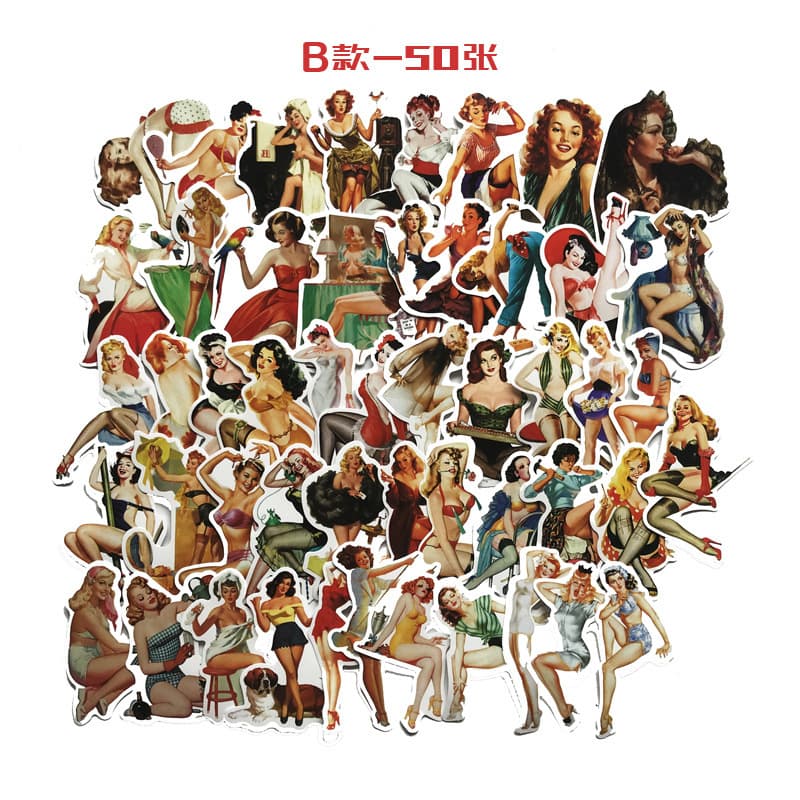 50 American Retro Pin-up Girl Stickers for Luggage, Phone, Laptop, Skateboard, and Stationery, Waterproof