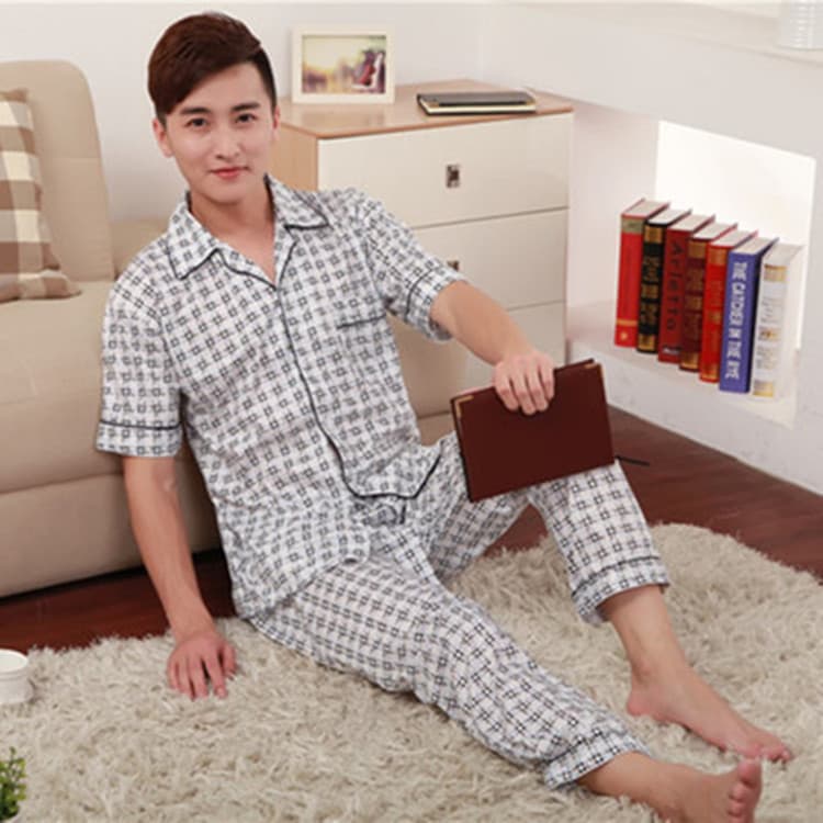 Summer New Lapel Cardigan Knitted Cotton Pajamas Men's Short-Sleeved Summer Home Wear Factory Direct Sales