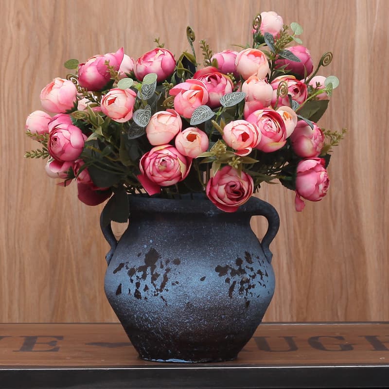 Cross-border Floral Art European Style Artificial Flowers 10-Head Tea Rose Heart Buds Ornament Home Decor Fake Plastic Flowers
