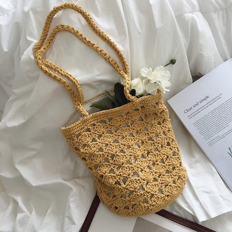 Korean Style Chic Hollow-out Elegant Crochet Cotton Thread Bag Forest Style Woven Bucket Bag Shoulder Bag Handbag