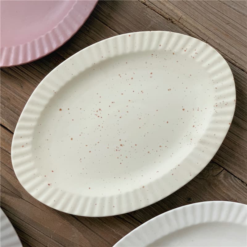 Milky White Splash-Ink Ins-Style Western Dinner Plate, Sesame Glaze Speckled Ceramic Plate, Oval Fish Plate, Large Plate, Ins-Style