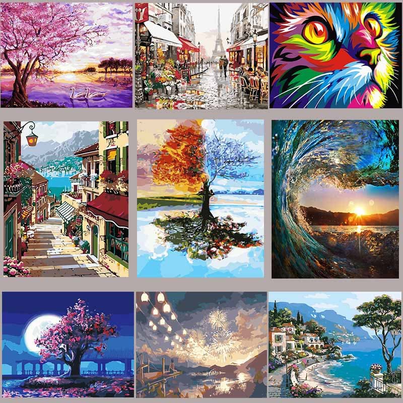 Digital Landscape Floral Oil Painting, Hand-painted Living Room Study Coloring Art, European Town DIY Oil Painting