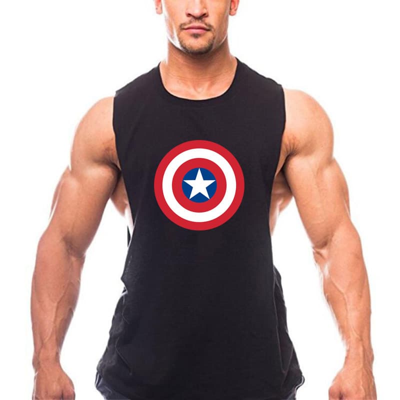 Captain America Shield Gym Tank Top Summer Running Bodybuilding Fitness Split Sports Vest Men Cotton