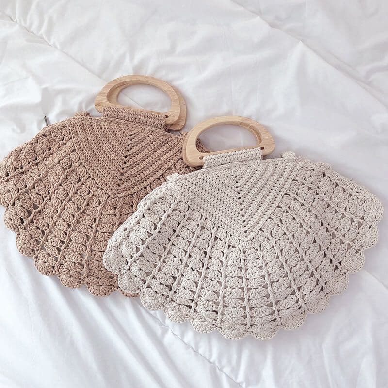 Korean Retro Woven Wooden Handle Shell Cotton Thread Crochet Versatile Forest Style Shoulder Bag