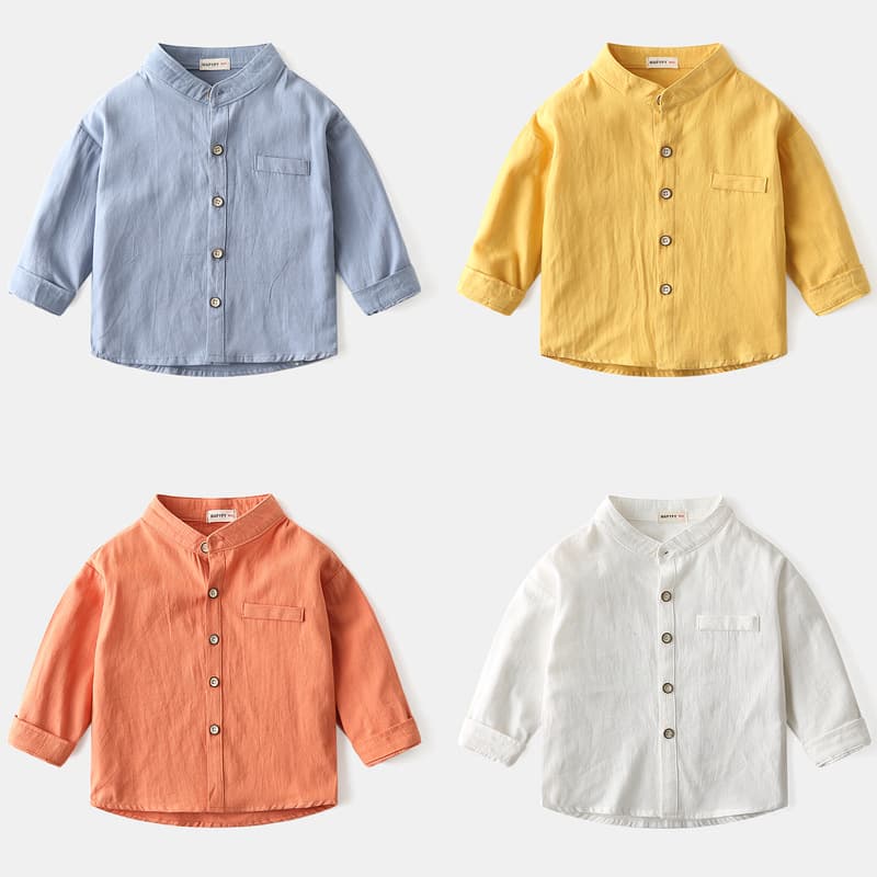 Children's long-sleeved shirt, spring 2025 style, boys' stand-up collar solid color shirt, baby top, trendy children's clothing wholesale.