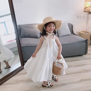 Customizable Girls Dress Children White Vacation Style Large Skirt Princess Beach Strapless Dress