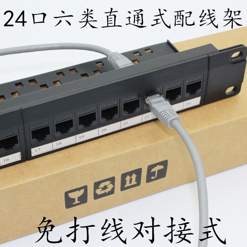 Pass-through Cat6 24-Port Network Patch Panel, CAT6 Tool-less Straight-Through Patch Panel with Cable Management Bracket
