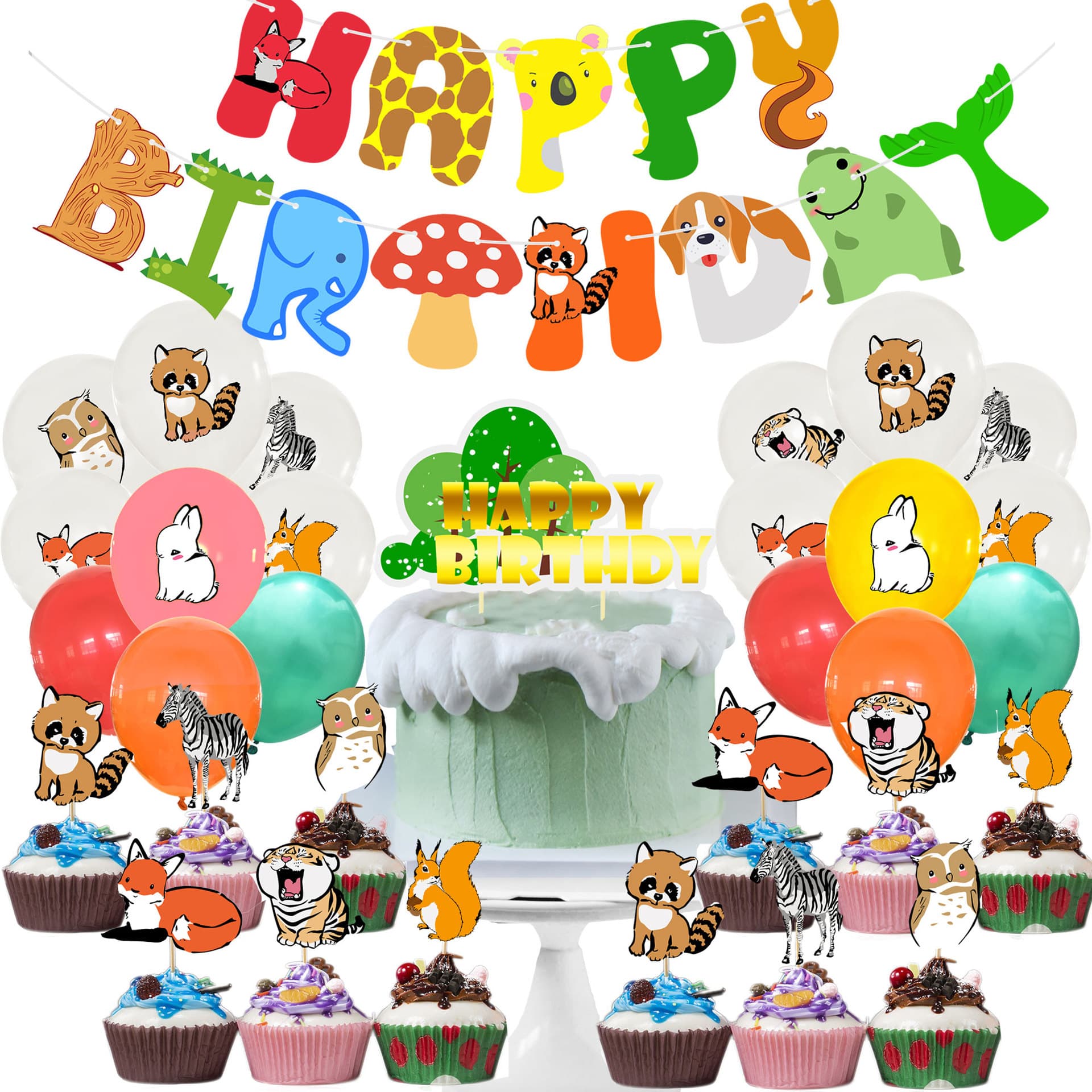 Jungle Animal Theme Birthday Party Decorations Animal Birthday Banner Garland Squirrel Tiger Fox Balloons