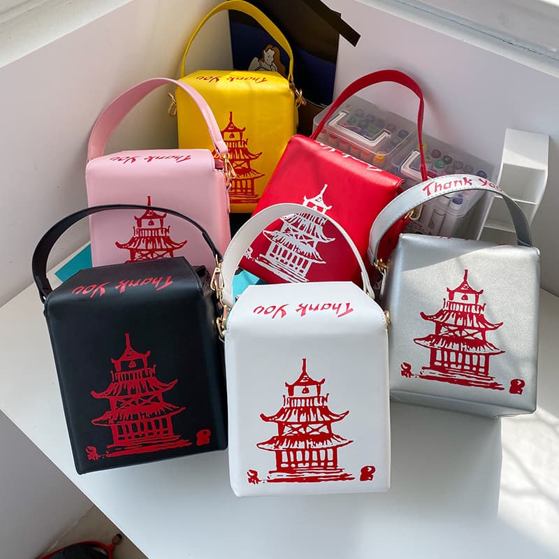 New European and American style fashion creative Chinese style PU chain crossbody bag with unique red Eiffel Tower print shoulder bag.