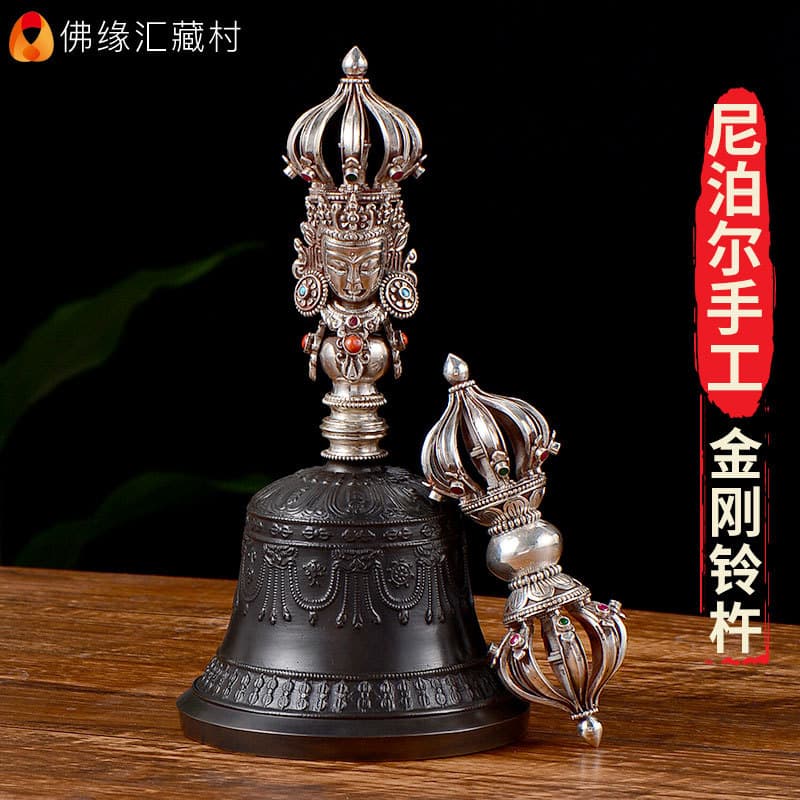Tibetan Buddhist Ritual Item, Nepalese Handmade Silver Vajra Scepter and Vajra Bell Ornament, Offering Tool, Nine-Pronged Bell and Scepter