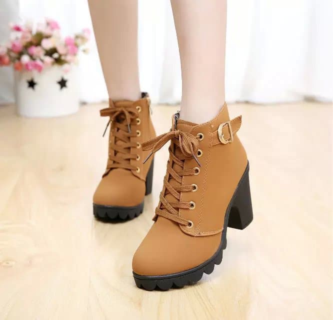 AliExpress New Autumn Winter High Heel Large Size Women's Boots Cross Lace Ankle Boots Chunky Heel Martin Boots Leather Boots In Stock