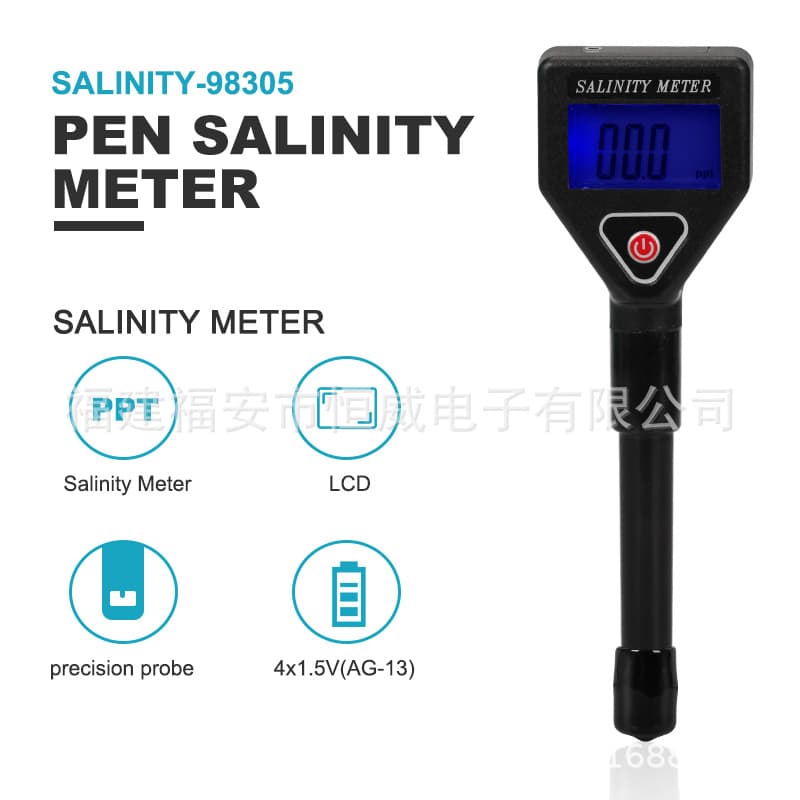 Factory direct Salinity-98305 microcomputer salinity meter, handheld for seawater, food, and beverage salinity testing.