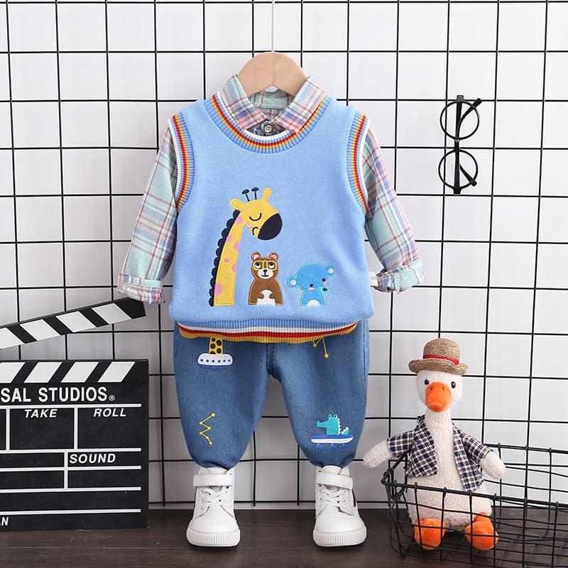 Korean style children's knitted long-sleeved sweater for small and medium-sized children, children's plaid shirt, denim children's sweater three-piece set