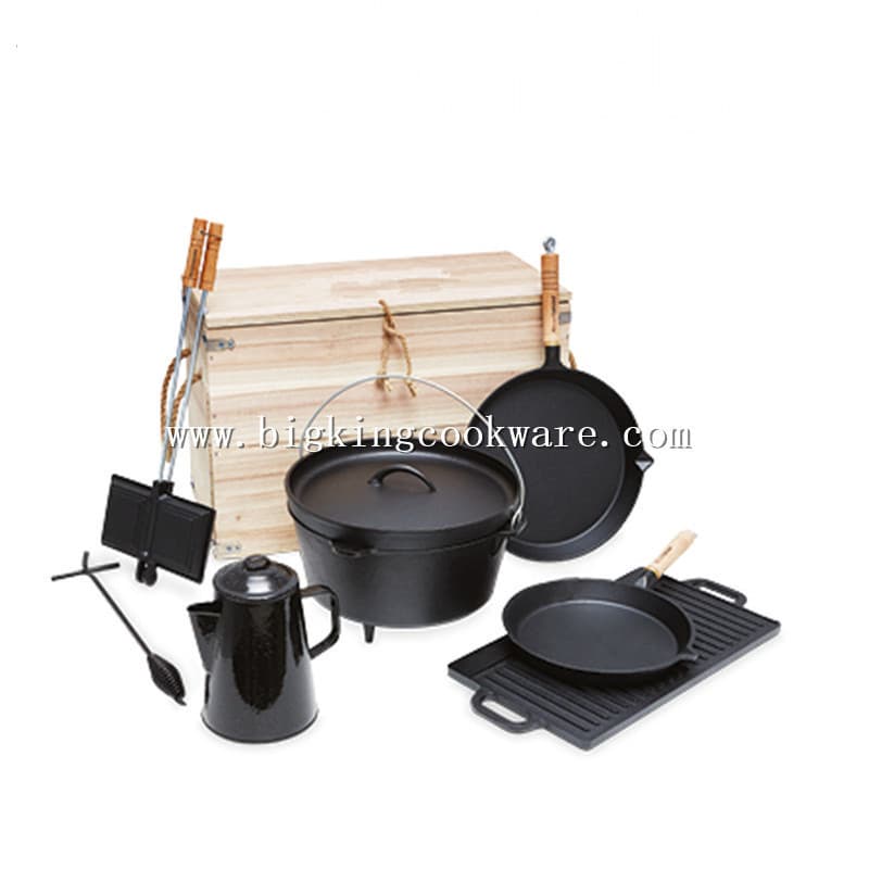 All-Wood Box Packing Camping Pot 7-Piece Set Cast Iron Dutch Oven Set BBQ Outdoor Cooking Kit