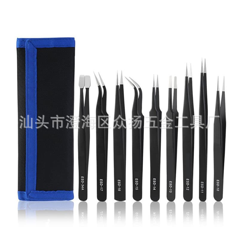 Bag tweezers 9-piece set, manicure stainless steel tweezers, portable repair black straight tip, flat round tip, straight tip, elbow