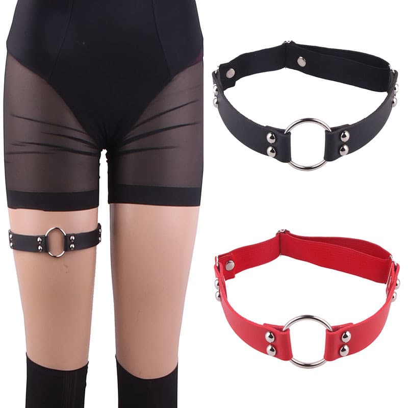 Sexy PU Leather Wide Thigh Band with Large Round Ring and Studs, Trendy Streetwear Thigh Chain for Women