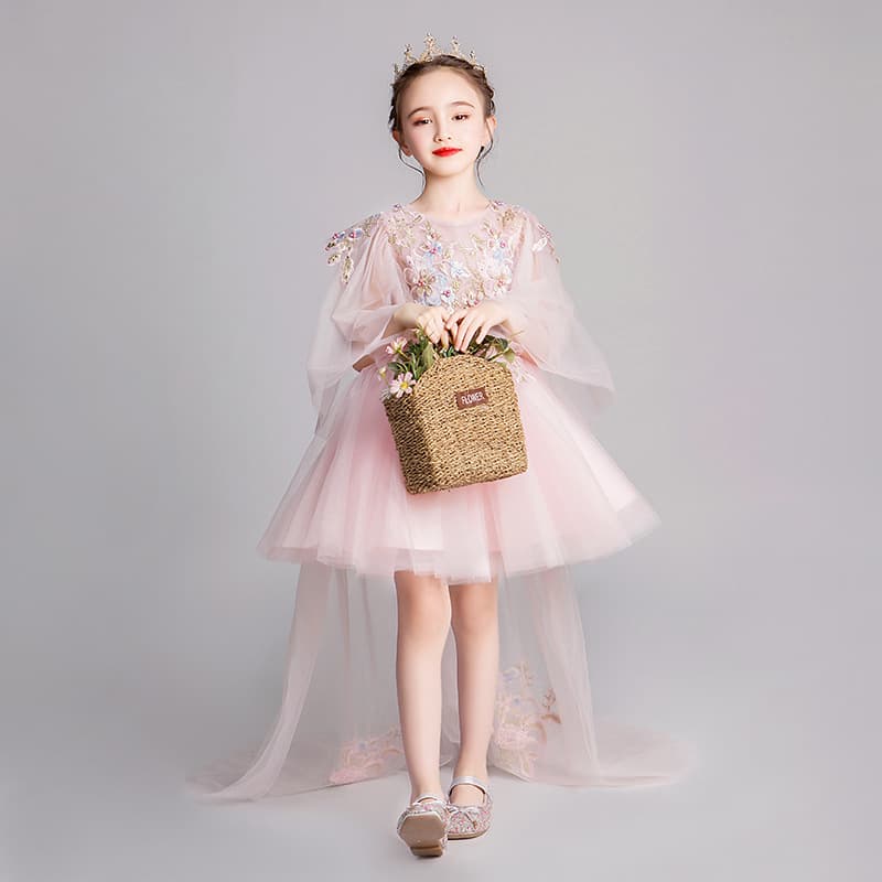 Girl host tail princess dress flower girl fluffy gauze children's wedding dress catwalk evening dress piano performance costume