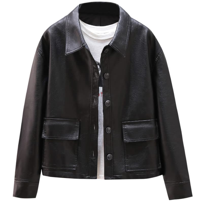 2026 New Spring/Autumn Short PU Leather Jacket for Women, Shirt Collar, Loose Fit, BF Style, Retro Hong Kong Vibe Coat