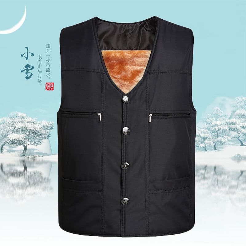Middle-aged men's composite fabric cotton vest, fleece-lined thickened multiple pockets waistcoat dad's winter vest drop shipping.