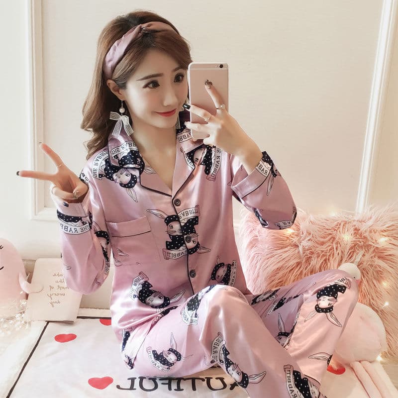 Spring and autumn women's lapel imitation silk long-sleeved trousers hotel bath plus size home wear two-piece suit pyjamas