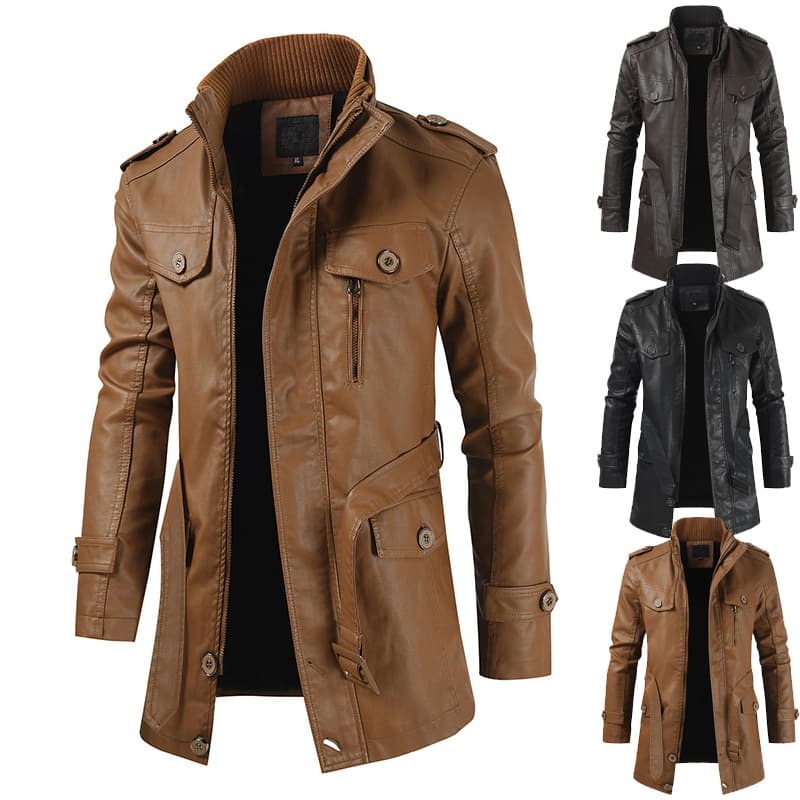 Men's 2024 Autumn/Winter New Trendy Mid-Length Leather Jacket with Fleece Lining, Casual Stand Collar, Plus Size Leather Trench Coat