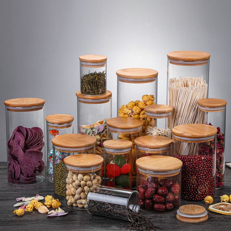 Factory Wholesale High Borosilicate Glass Sealed Jar, Bamboo Lid Tea Caddy Transparent Glass Storage Container Candy Jar